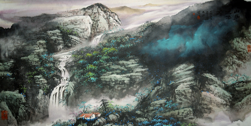 《烟山落瀑》董文政纸山水画52×100cm 1992年