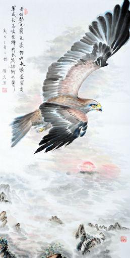 《吾佑劲风霸气豪，仰天长啸苍穹高。军威壮志凌云烨，科技笑谈冲世霄。》规格：138×69cm 价格：8000元
