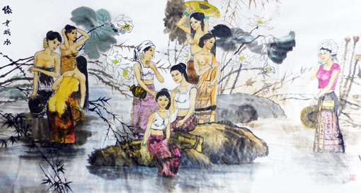 《傣女戏水》规格：183×97cm 价格：36000元