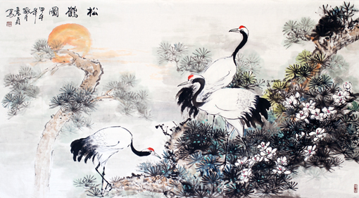 陈素贞作品：《松鹤图 》 规格：96cmx180cm 价格：5000元