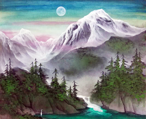 《明月 雪山 冰川》 尺寸：50X60cm 价格：18000一幅