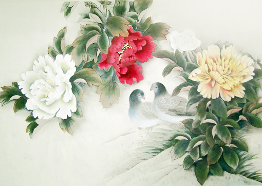 钟松城作品2《工笔牡丹花鸟》规格：138cmX69cm,售价：每平尺：2000元