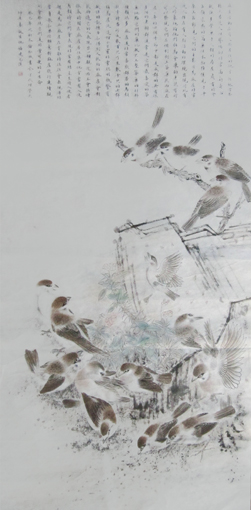 钟松城作品4《工笔麻雀鸟》规格：138cmX69cm,售价：每平尺2000元
