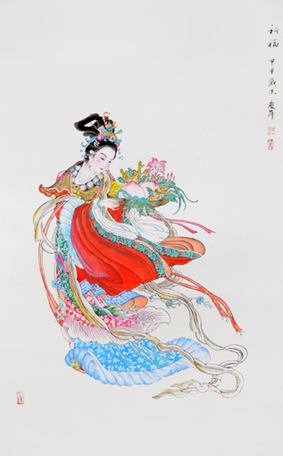 陈长智林庆萍作品《祈福》规格： 67 x 43.5cm （作品润格：每平方尺3万元至5万元）