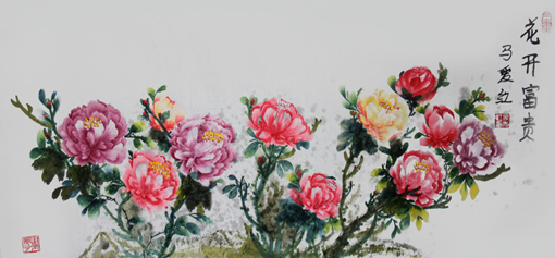 马爱红作品《花开富贵》规格：50cmx90cm（价格每平尺2万）
