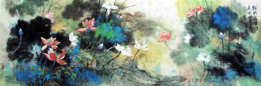 《诗情荷月得 香味水云来》 规格：70x180cm 价格：10000元一幅